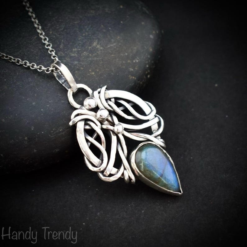 Blue labradorite free flow pendant, 925 sterling silver Wire wrapped jewelry, Unique handmade one of a kind artisan jewelry
