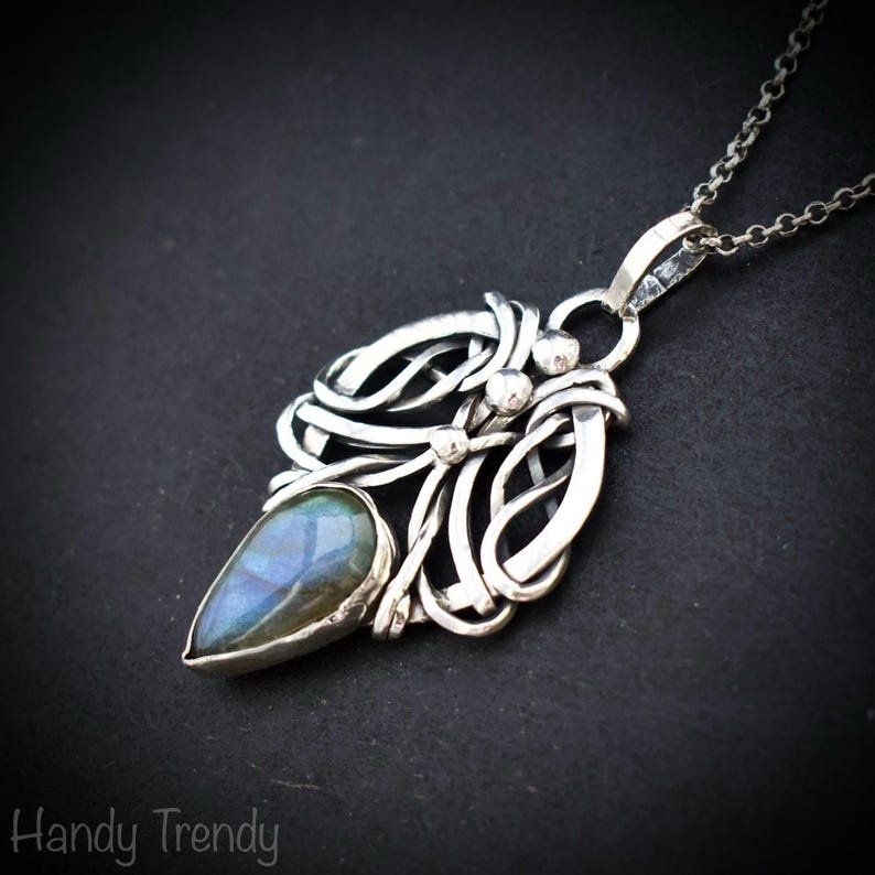 Blue labradorite free flow pendant, 925 sterling silver Wire wrapped jewelry, Unique handmade one of a kind artisan jewelry