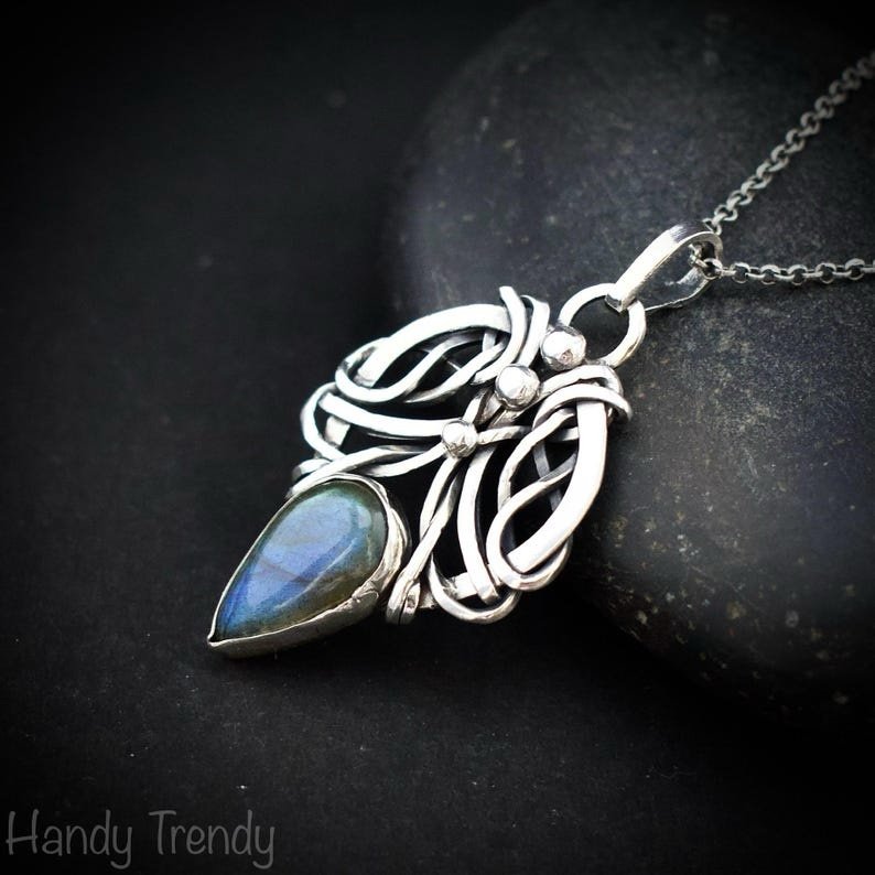 Blue labradorite free flow pendant, 925 sterling silver Wire wrapped jewelry, Unique handmade one of a kind artisan jewelry