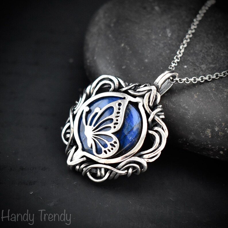 Butterfly pendant, Blue labradorite and 925 sterling silver Wire wrapped free flow necklace, Unique handmade one of a kind jewelry