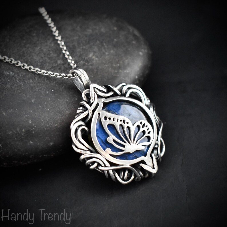 Butterfly pendant, Blue labradorite and 925 sterling silver Wire wrapped free flow necklace, Unique handmade one of a kind jewelry