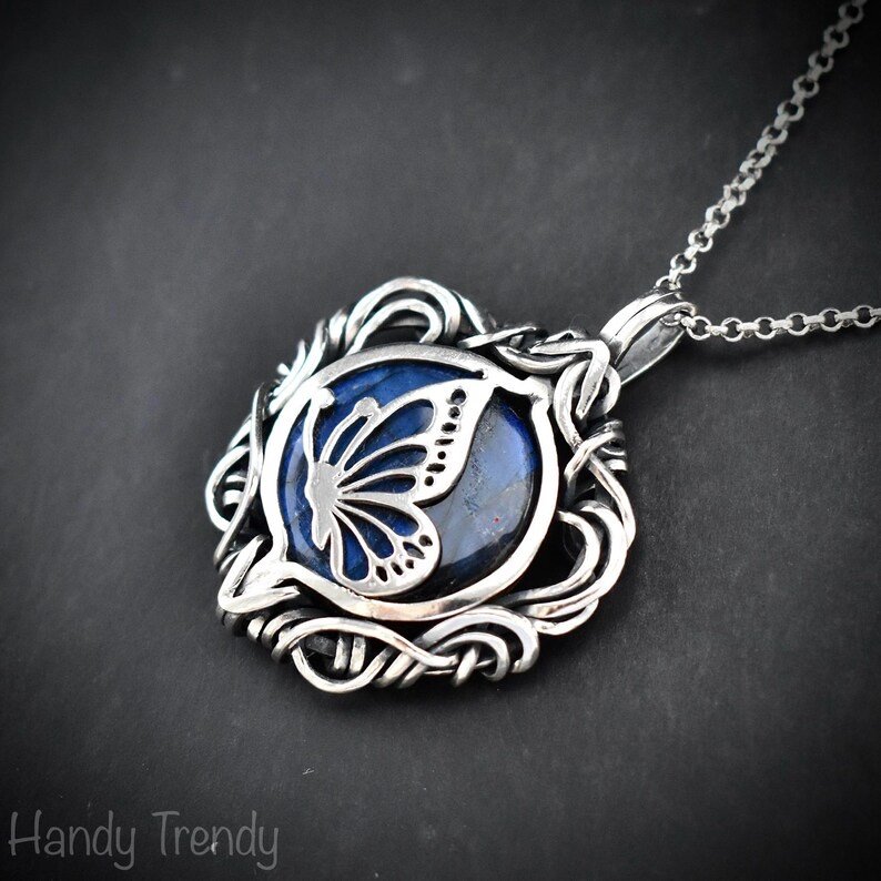 Butterfly pendant, Blue labradorite and 925 sterling silver Wire wrapped free flow necklace, Unique handmade one of a kind jewelry