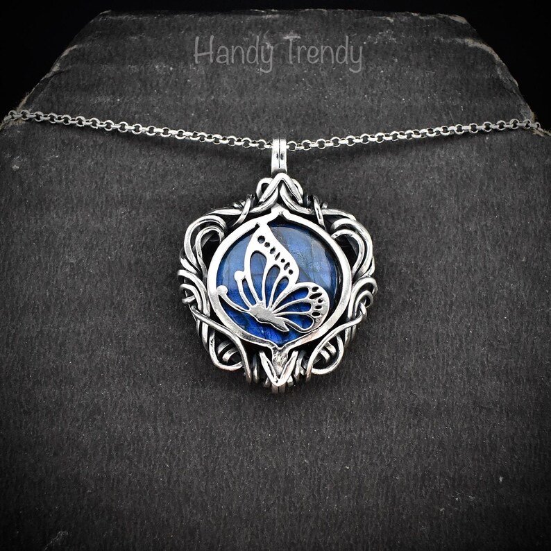 Butterfly pendant, Blue labradorite and 925 sterling silver Wire wrapped free flow necklace, Unique handmade one of a kind jewelry