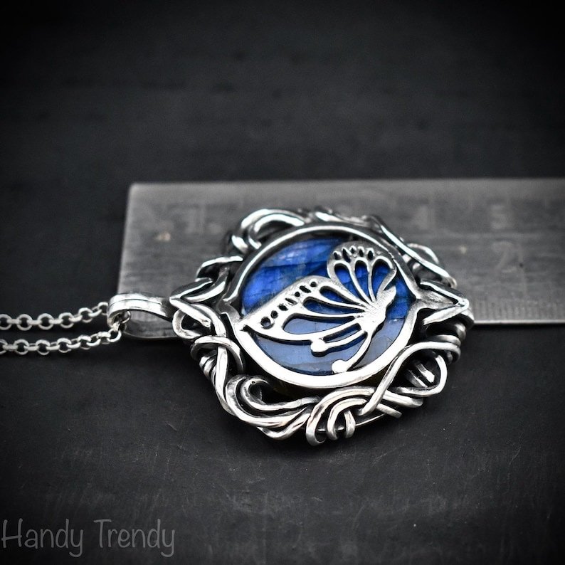 Butterfly pendant, Blue labradorite and 925 sterling silver Wire wrapped free flow necklace, Unique handmade one of a kind jewelry
