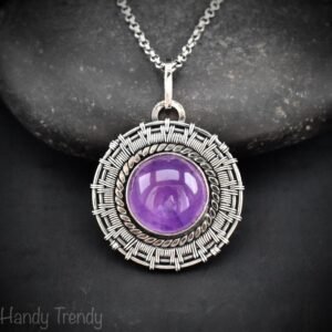 Amethyst wheel pendant, 925 sterling silver Wire wrapped jewelry, Unique handmade one of a kind artisan necklace