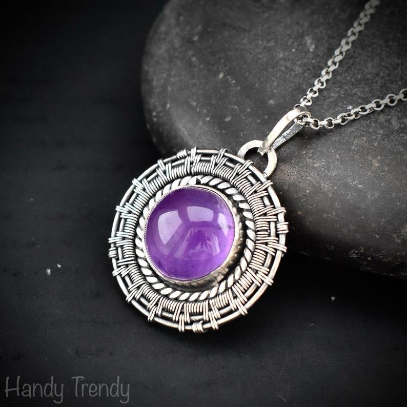Amethyst wheel pendant, 925 sterling silver Wire wrapped jewelry, Unique handmade one of a kind artisan necklace
