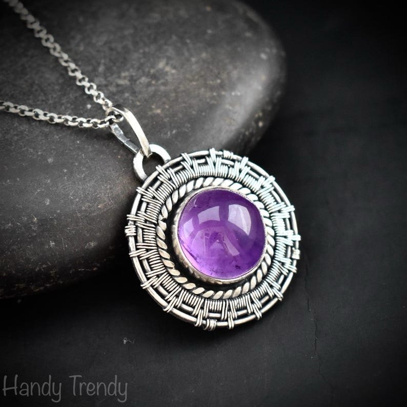 Amethyst wheel pendant, 925 sterling silver Wire wrapped jewelry, Unique handmade one of a kind artisan necklace