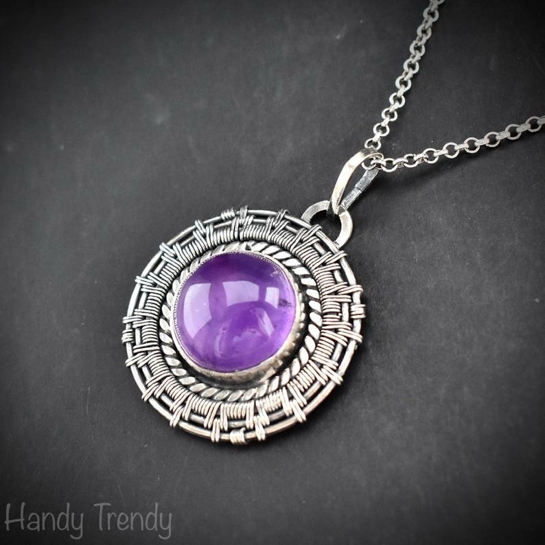 Amethyst wheel pendant, 925 sterling silver Wire wrapped jewelry, Unique handmade one of a kind artisan necklace