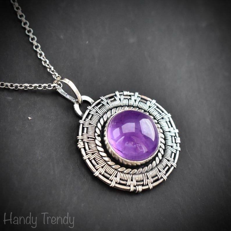 Amethyst wheel pendant, 925 sterling silver Wire wrapped jewelry, Unique handmade one of a kind artisan necklace