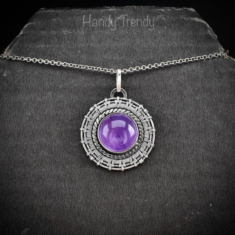 Amethyst wheel pendant, 925 sterling silver Wire wrapped jewelry, Unique handmade one of a kind artisan necklace