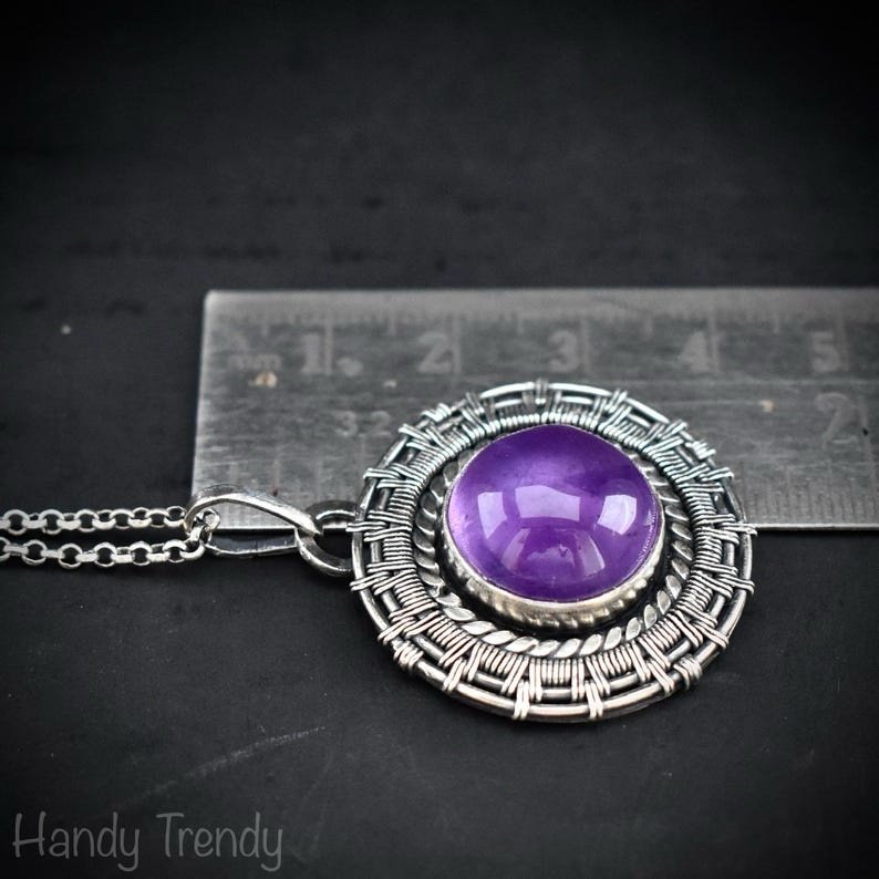 Amethyst wheel pendant, 925 sterling silver Wire wrapped jewelry, Unique handmade one of a kind artisan necklace