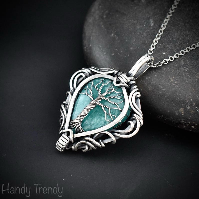 Amazonite tree of life pendant, 925 sterling silver free flow wire wrap necklace, Unique handmade one of a kind artisan jewelry