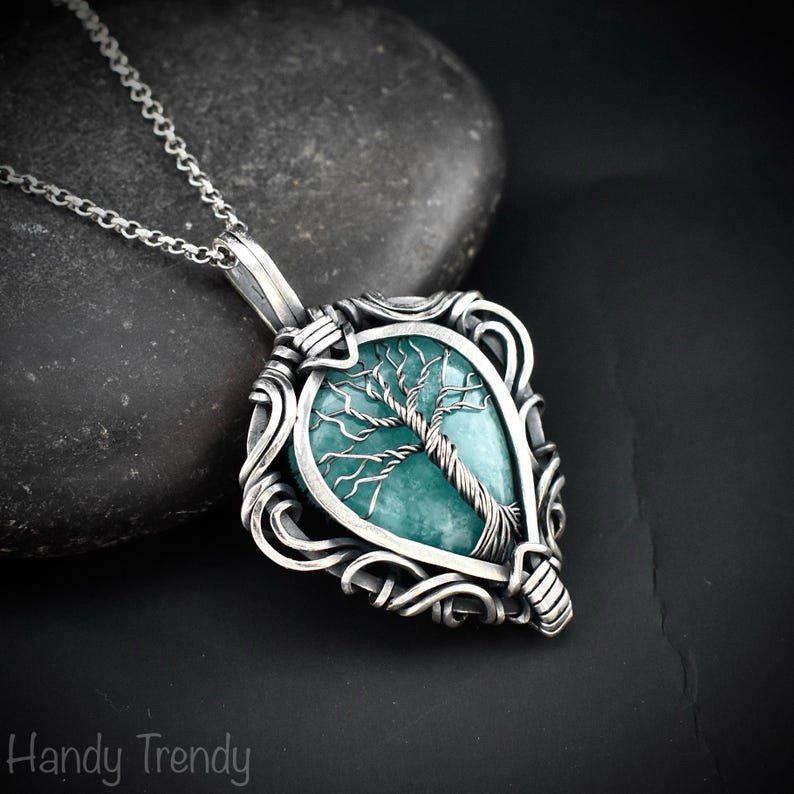 Amazonite tree of life pendant, 925 sterling silver free flow wire wrap necklace, Unique handmade one of a kind artisan jewelry