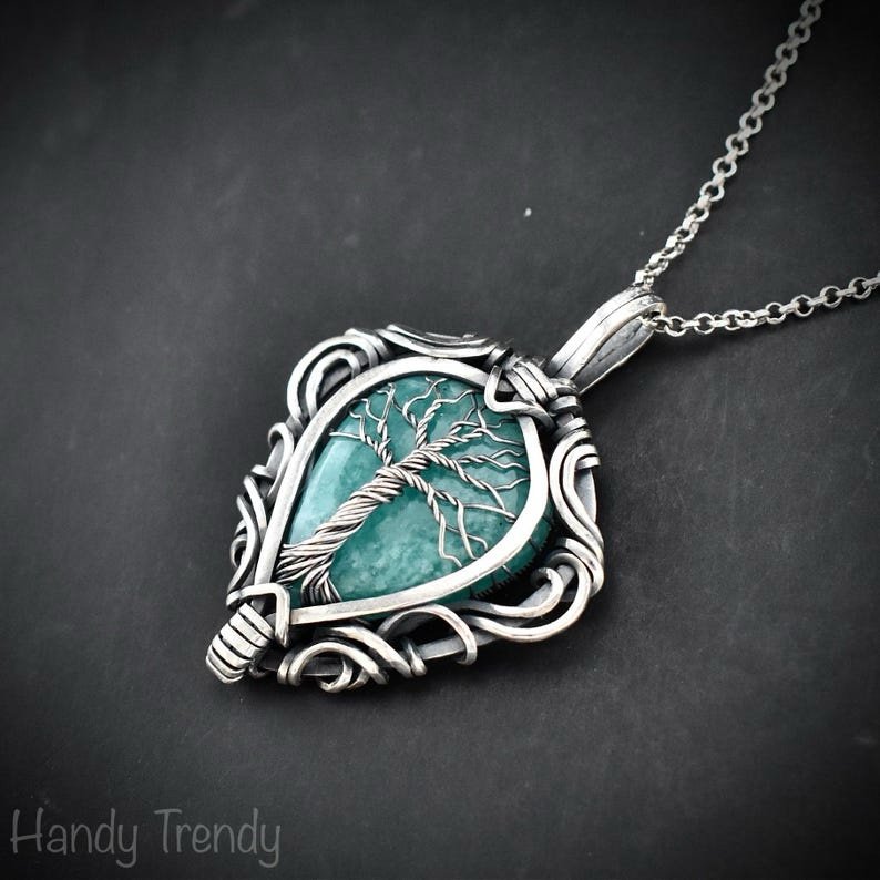 Amazonite tree of life pendant, 925 sterling silver free flow wire wrap necklace, Unique handmade one of a kind artisan jewelry