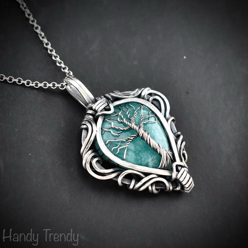 Amazonite tree of life pendant, 925 sterling silver free flow wire wrap necklace, Unique handmade one of a kind artisan jewelry