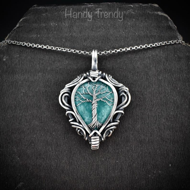 Amazonite tree of life pendant, 925 sterling silver free flow wire wrap necklace, Unique handmade one of a kind artisan jewelry