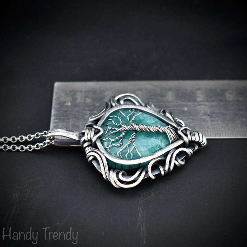 Amazonite tree of life pendant, 925 sterling silver free flow wire wrap necklace, Unique handmade one of a kind artisan jewelry