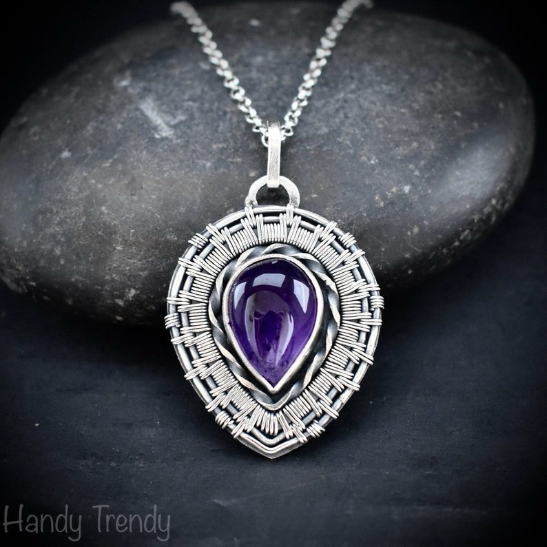 Amethyst endless pendant, 925 sterling silver wire wrapped jewelry, Unique handmade artisan necklace, One of a kind jewellery