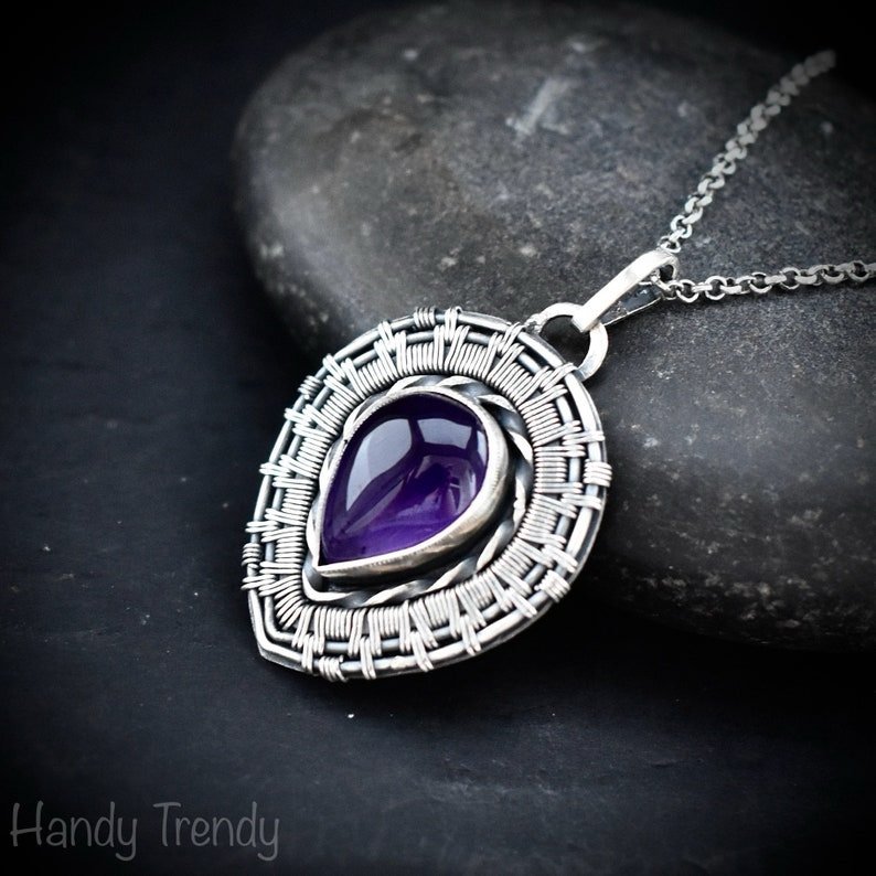 Amethyst endless pendant, 925 sterling silver wire wrapped jewelry, Unique handmade artisan necklace, One of a kind jewellery