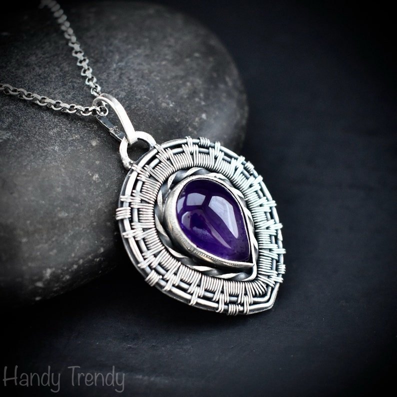 Amethyst endless pendant, 925 sterling silver wire wrapped jewelry, Unique handmade artisan necklace, One of a kind jewellery