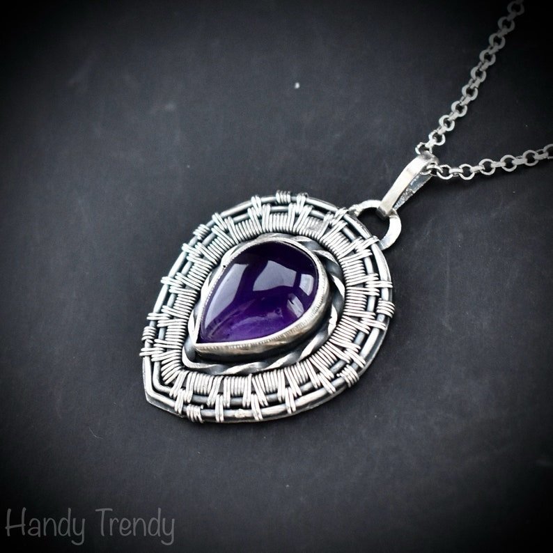 Amethyst endless pendant, 925 sterling silver wire wrapped jewelry, Unique handmade artisan necklace, One of a kind jewellery