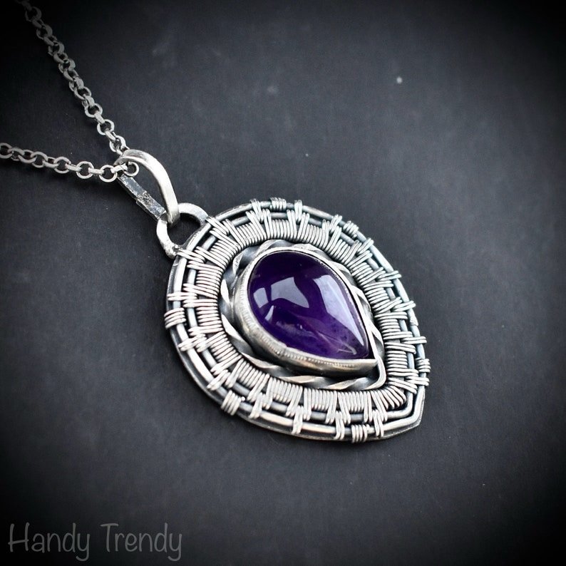 Amethyst endless pendant, 925 sterling silver wire wrapped jewelry, Unique handmade artisan necklace, One of a kind jewellery