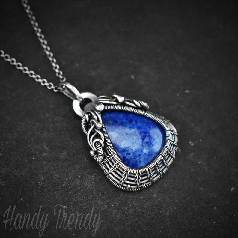 Lazulite cage pendant, 925 sterling silver Wire wrapped necklace, Unique handmade gift, One of a kind artisan necklace