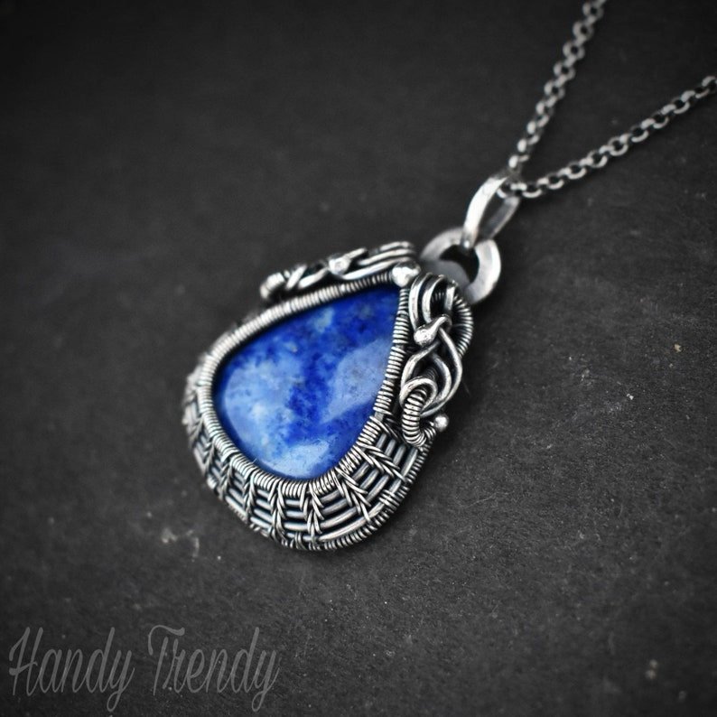 Lazulite cage pendant, 925 sterling silver Wire wrapped necklace, Unique handmade gift, One of a kind artisan necklace
