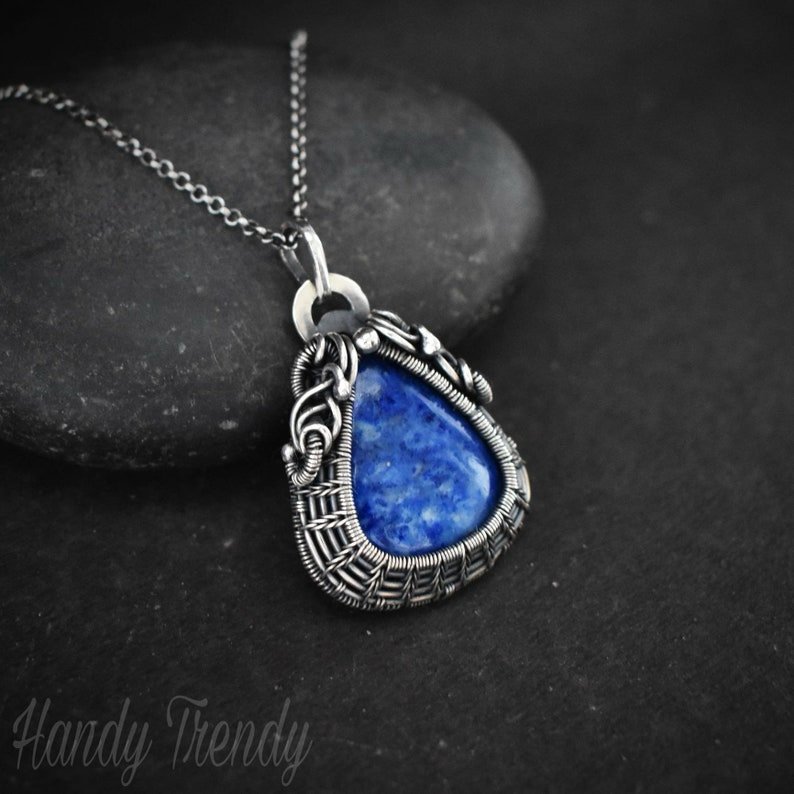 Lazulite cage pendant, 925 sterling silver Wire wrapped necklace, Unique handmade gift, One of a kind artisan necklace