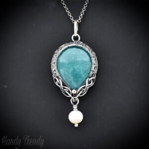 Amazonite and pearl bead drop pendant, 925 sterling silver Wire wrapped jewelry, Unique handmade gift, One of a kind artisan necklace