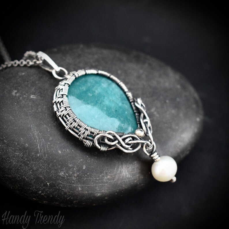Amazonite and pearl bead drop pendant, 925 sterling silver Wire wrapped jewelry, Unique handmade gift, One of a kind artisan necklace