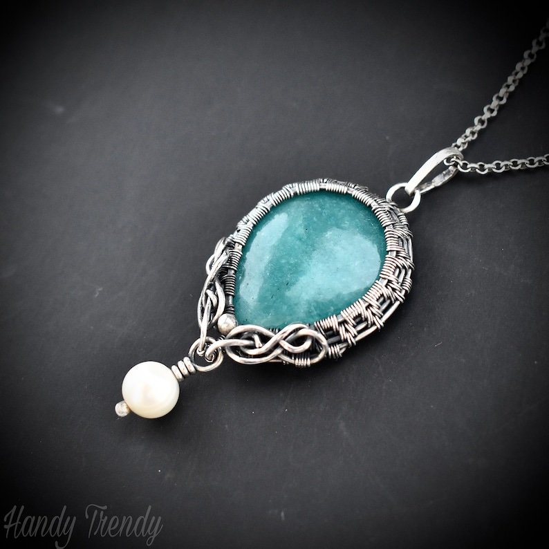 Amazonite and pearl bead drop pendant, 925 sterling silver Wire wrapped jewelry, Unique handmade gift, One of a kind artisan necklace