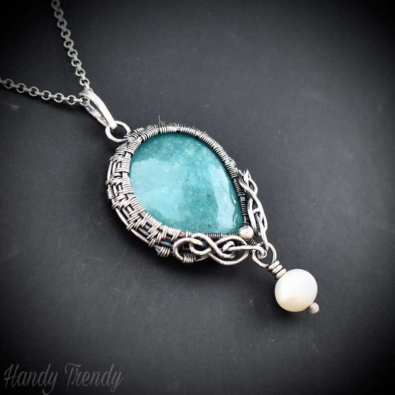 Amazonite and pearl bead drop pendant, 925 sterling silver Wire wrapped jewelry, Unique handmade gift, One of a kind artisan necklace