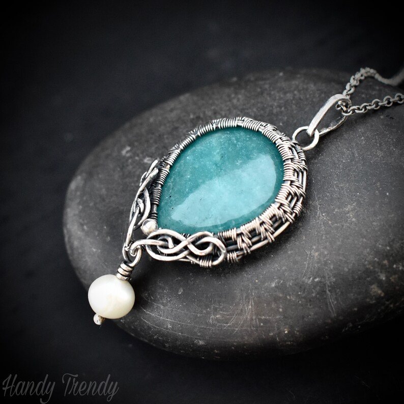 Amazonite and pearl bead drop pendant, 925 sterling silver Wire wrapped jewelry, Unique handmade gift, One of a kind artisan necklace