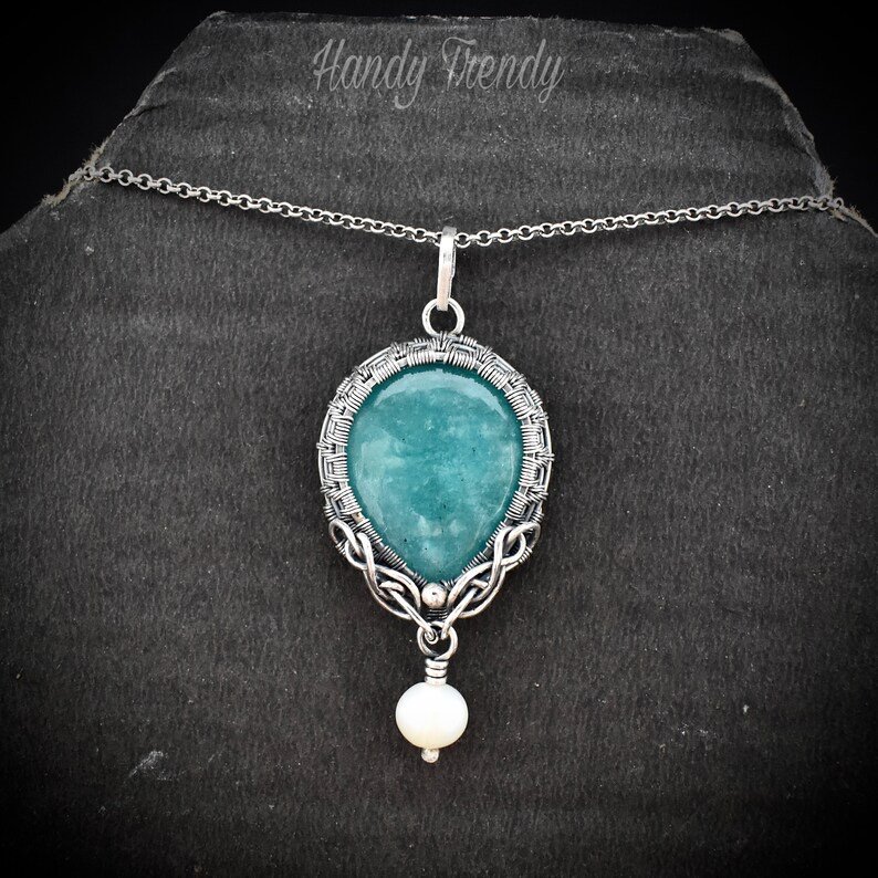 Amazonite and pearl bead drop pendant, 925 sterling silver Wire wrapped jewelry, Unique handmade gift, One of a kind artisan necklace