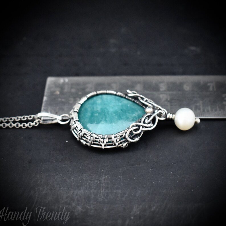 Amazonite and pearl bead drop pendant, 925 sterling silver Wire wrapped jewelry, Unique handmade gift, One of a kind artisan necklace