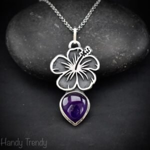 Hibiscus flower pendant, 925 sterling silver and Amethyst stone necklace, Unique handmade birthday gift, One of a kind artisan jewelry