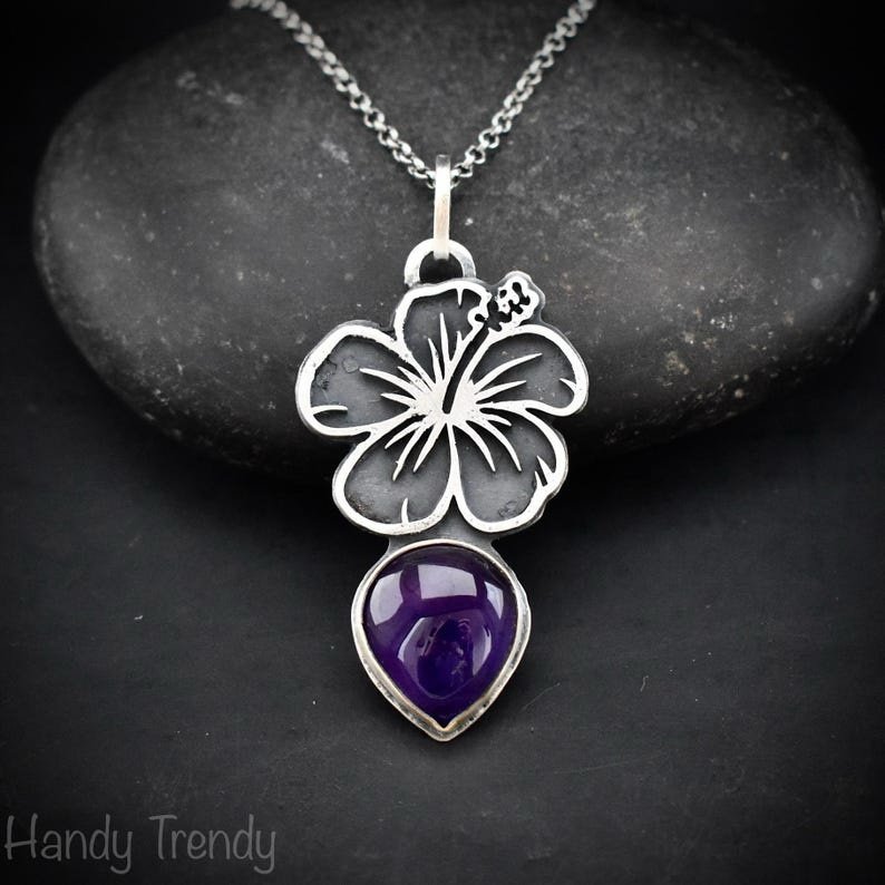 Hibiscus flower pendant, 925 sterling silver and Amethyst stone necklace, Unique handmade birthday gift, One of a kind artisan jewelry