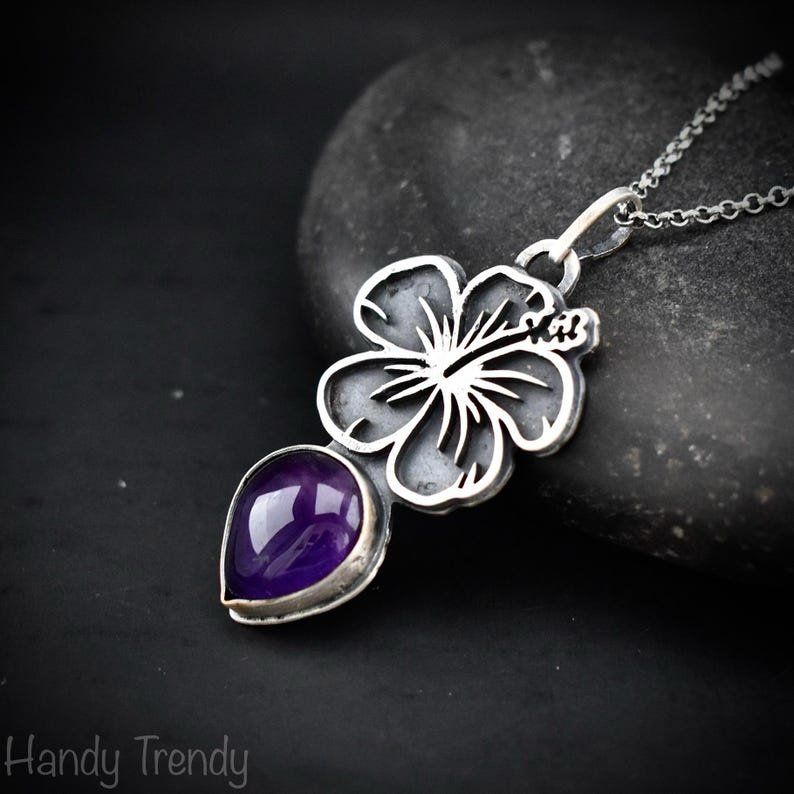 Hibiscus flower pendant, 925 sterling silver and Amethyst stone necklace, Unique handmade birthday gift, One of a kind artisan jewelry