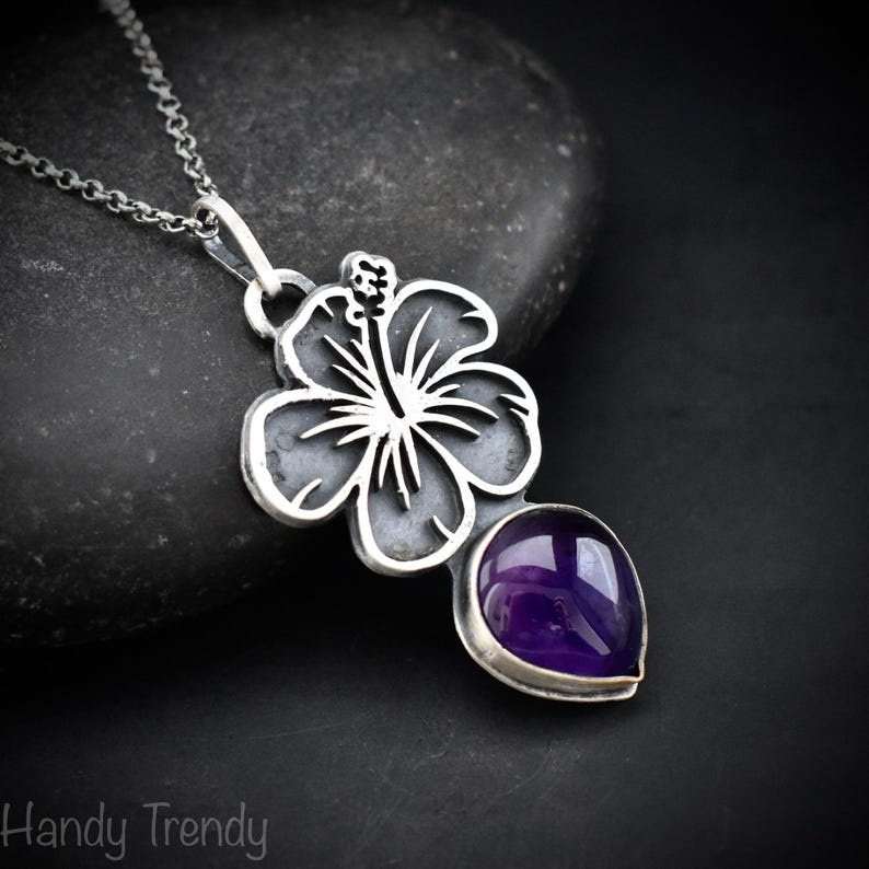 Hibiscus flower pendant, 925 sterling silver and Amethyst stone necklace, Unique handmade birthday gift, One of a kind artisan jewelry