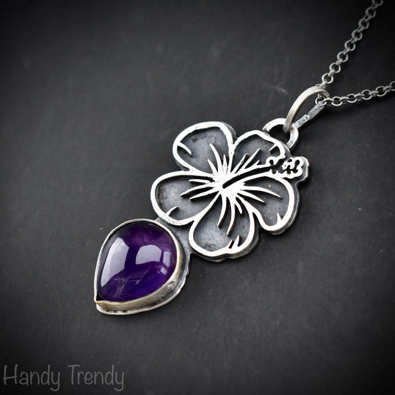 Hibiscus flower pendant, 925 sterling silver and Amethyst stone necklace, Unique handmade birthday gift, One of a kind artisan jewelry