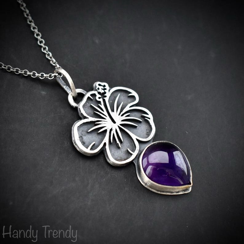 Hibiscus flower pendant, 925 sterling silver and Amethyst stone necklace, Unique handmade birthday gift, One of a kind artisan jewelry