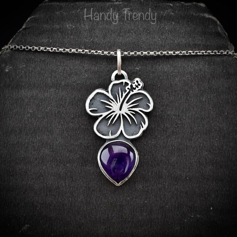 Hibiscus flower pendant, 925 sterling silver and Amethyst stone necklace, Unique handmade birthday gift, One of a kind artisan jewelry