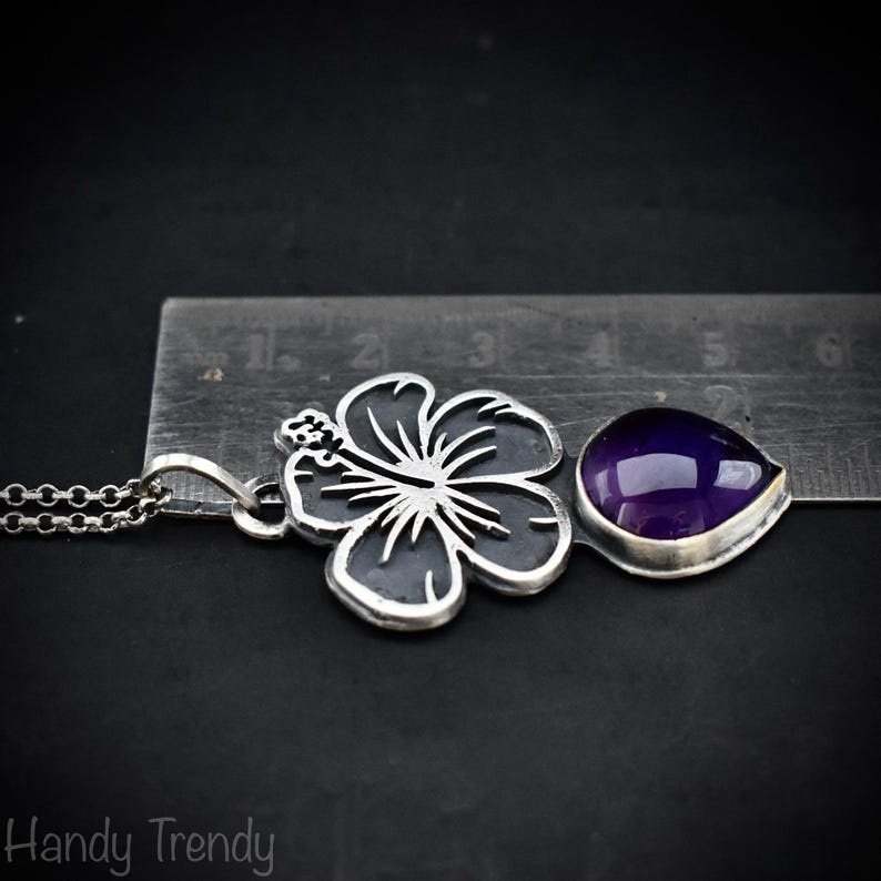 Hibiscus flower pendant, 925 sterling silver and Amethyst stone necklace, Unique handmade birthday gift, One of a kind artisan jewelry
