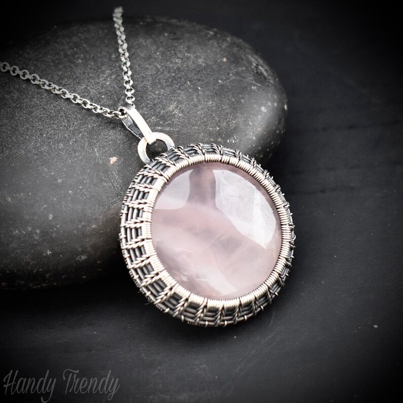 Rose quartz endless cage pendant, 925 sterling silver Wire wrapped necklace, Unique handmade one of a kind artisan jewelry