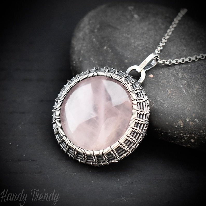 Rose quartz endless cage pendant, 925 sterling silver Wire wrapped necklace, Unique handmade one of a kind artisan jewelry