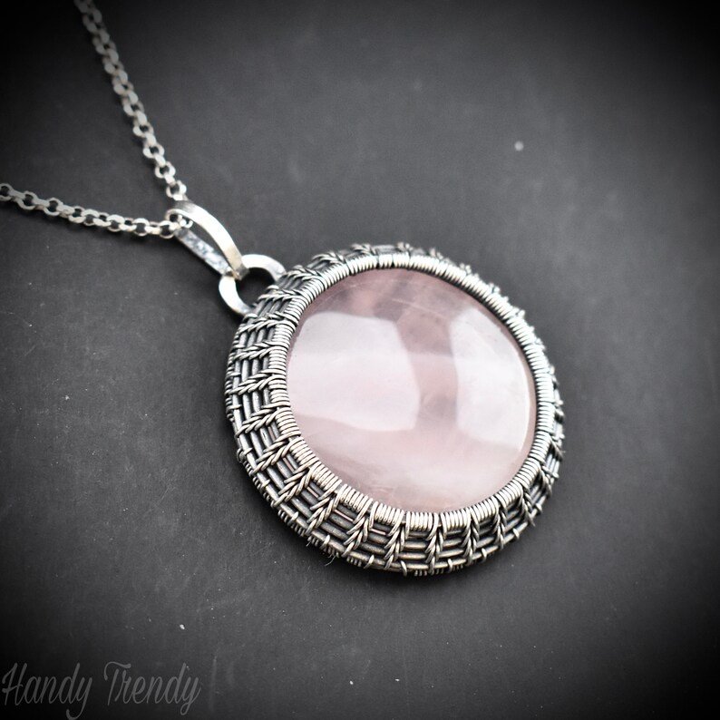 Rose quartz endless cage pendant, 925 sterling silver Wire wrapped necklace, Unique handmade one of a kind artisan jewelry