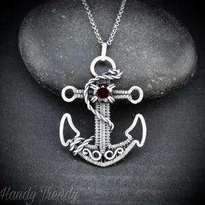 Red Garnet anchor pendant, 925 sterling silver wire wrapped necklace, Unique handmade one of a kind artisan jewelry, Sailor jewelry
