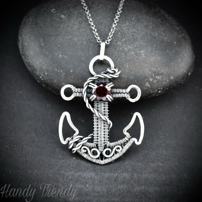 Red Garnet anchor pendant, 925 sterling silver wire wrapped necklace, Unique handmade one of a kind artisan jewelry, Sailor jewelry