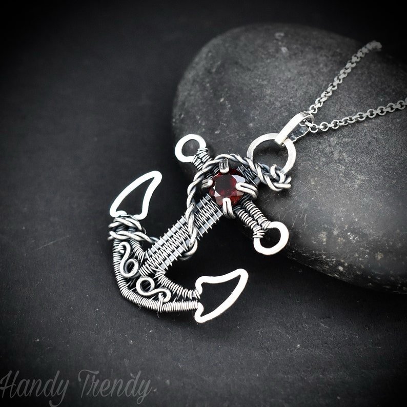 Red Garnet anchor pendant, 925 sterling silver wire wrapped necklace, Unique handmade one of a kind artisan jewelry, Sailor jewelry